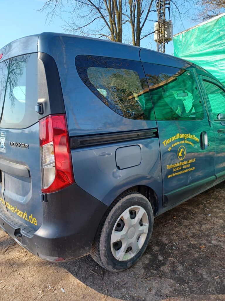 Ein blaues Auto von Hinten mit gelber Schrift.